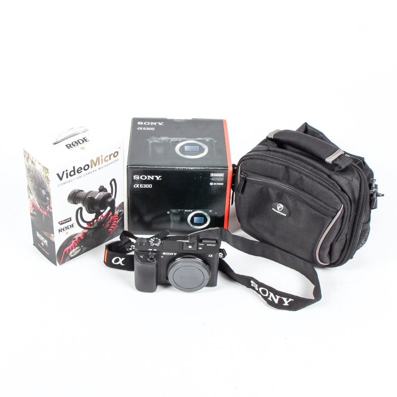 Sony 6300 Camera, VideoMicro, Black Pearson Camera Bag