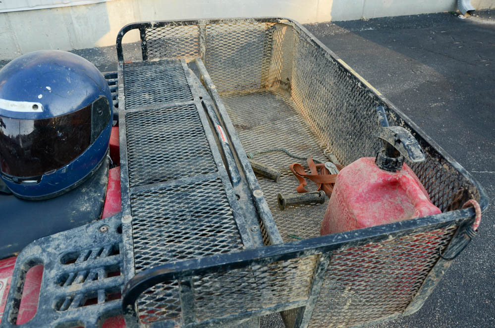 Red Polaris Sportsman 500 4x4 ATV, Tow-Behind Trailer, Snow Plow