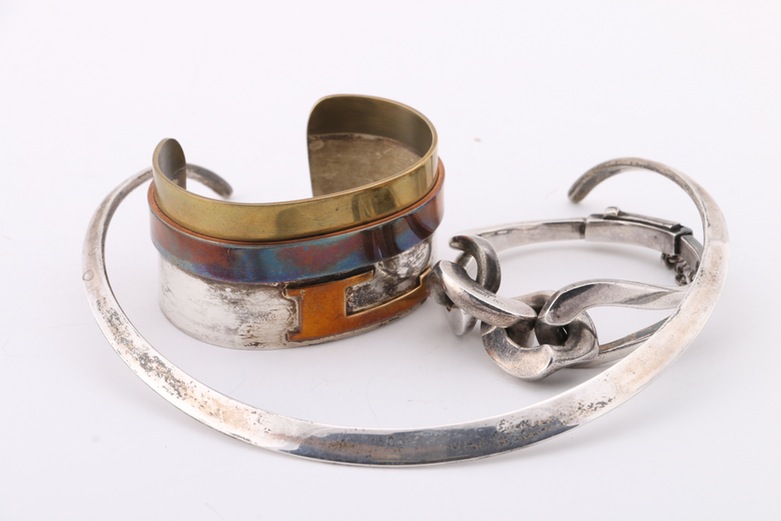 Sterling Silver Bib Choker, Cuff Bracelet, and Hinged Bangle