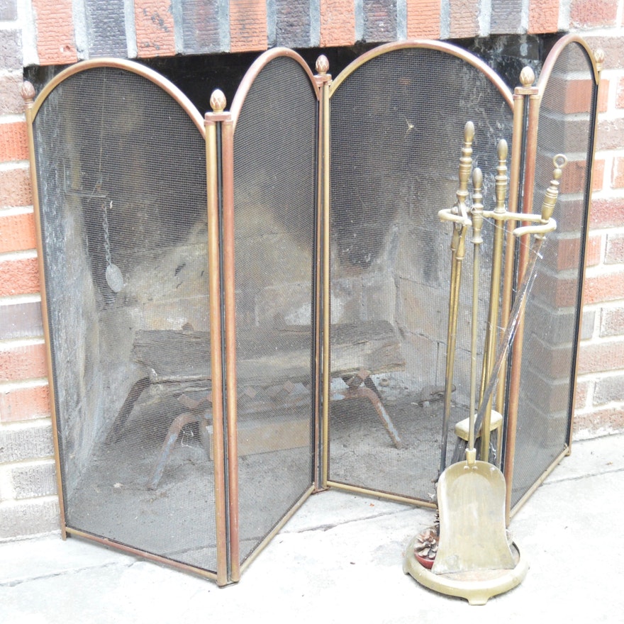 Folding Brass Fireplace Screen and Tools