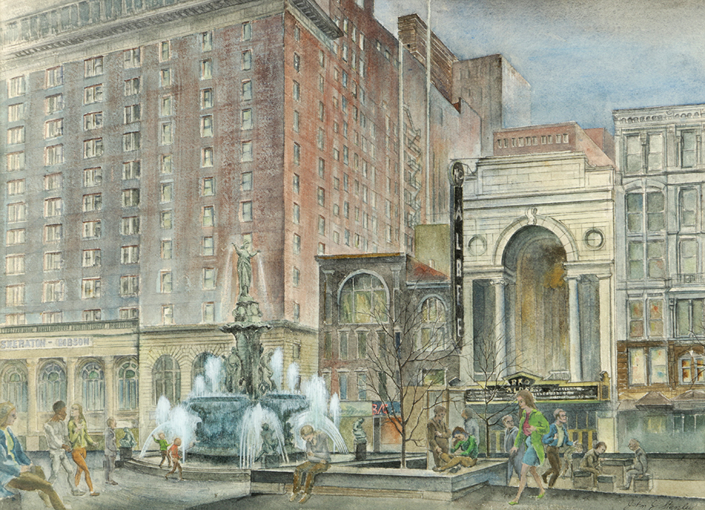 John J. Stanley Watercolor Painting on Paper of Cincinnati Cityscape