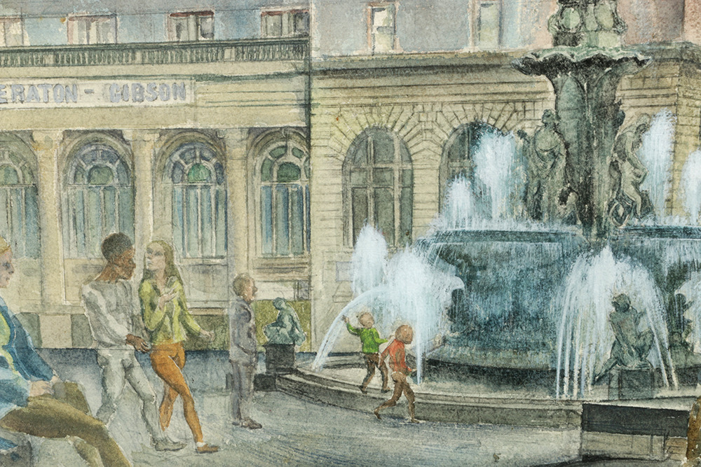 John J. Stanley Watercolor Painting on Paper of Cincinnati Cityscape