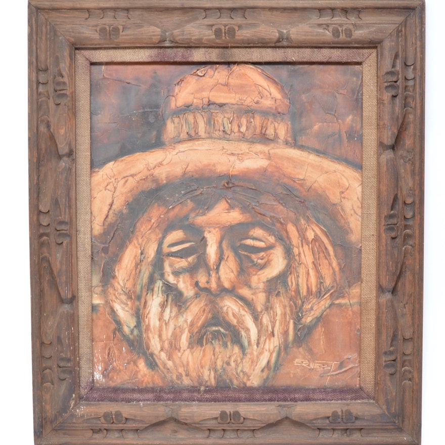 Vintage Impasto Oil Painting in Carved Wood Frame