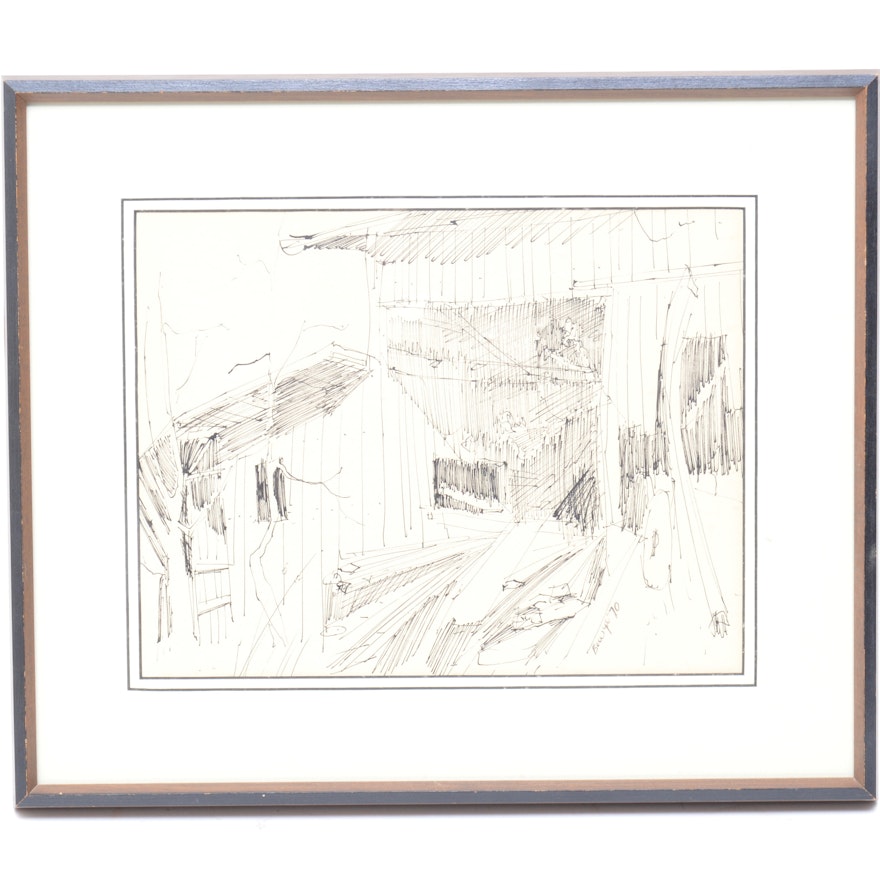 Framed Barn Sketch by Bowyer, Circa 1970