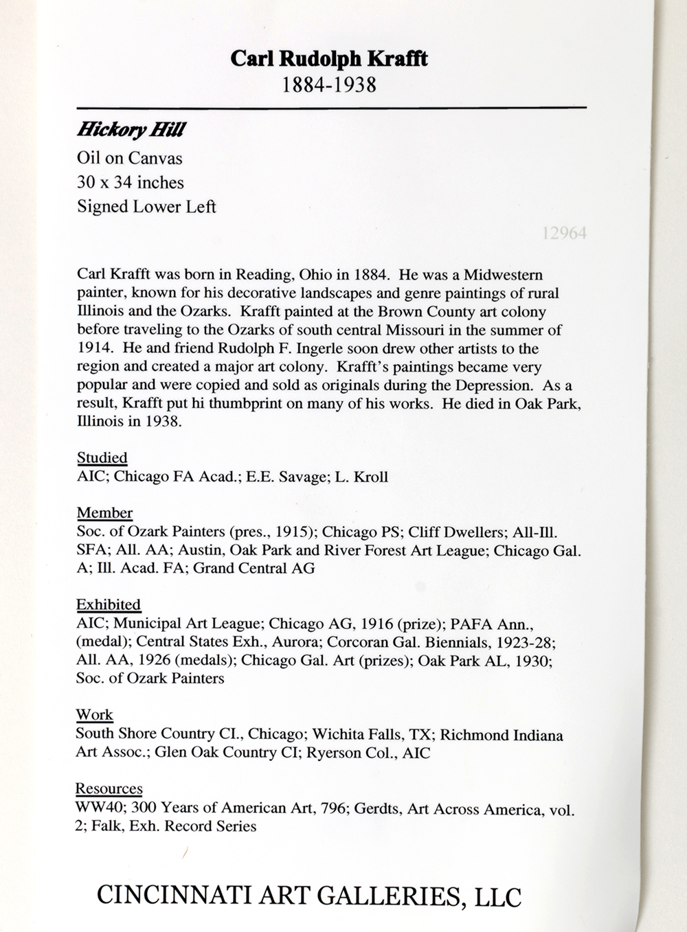 Outstanding "Hickory Hill" Oil on Canvas by Carl Rudolph Krafft