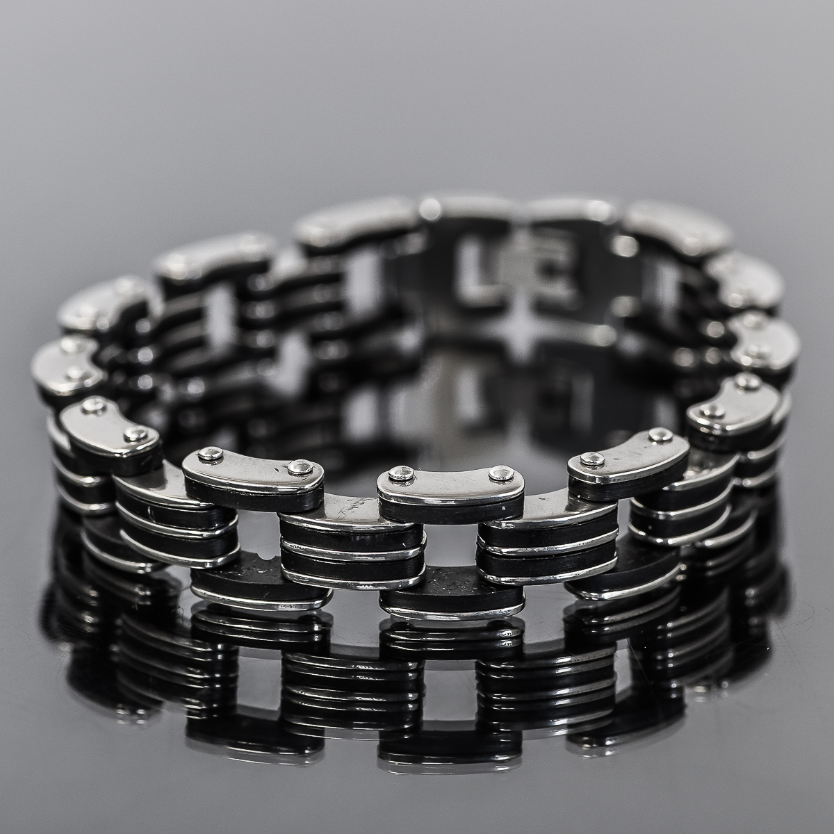 Men's Stainless Steel and Black Rubber Link Bracelet