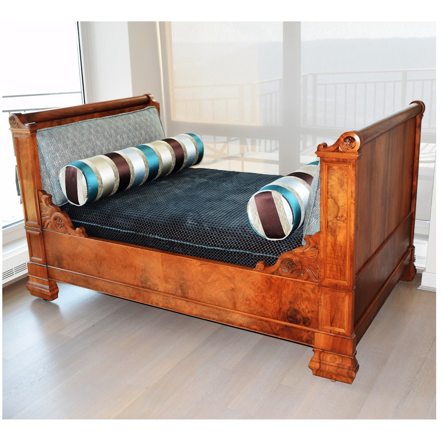 Custom Upholstered 19th Century French Empire Daybed in Walnut