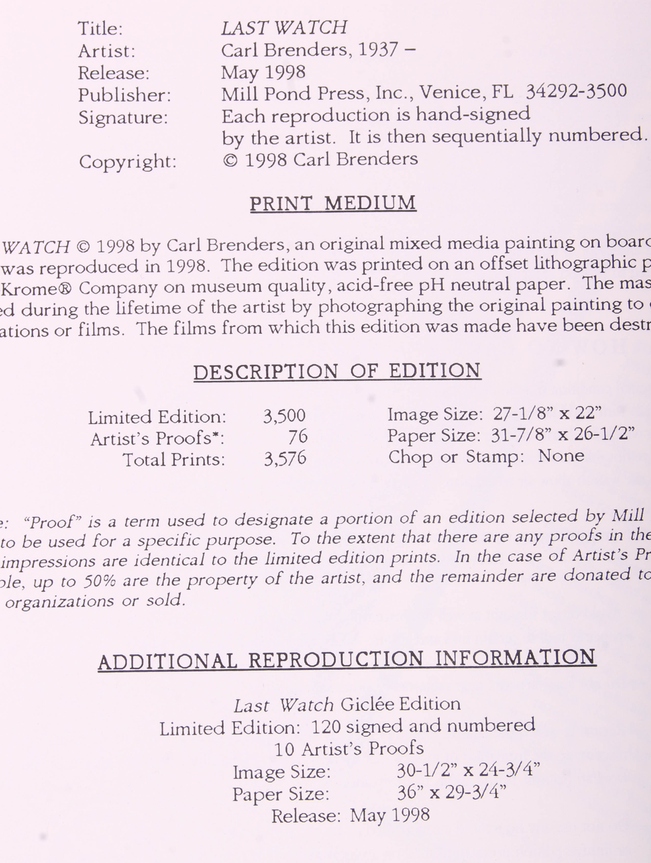 "Last Watch" Offset Lithograph by Carl Brenders