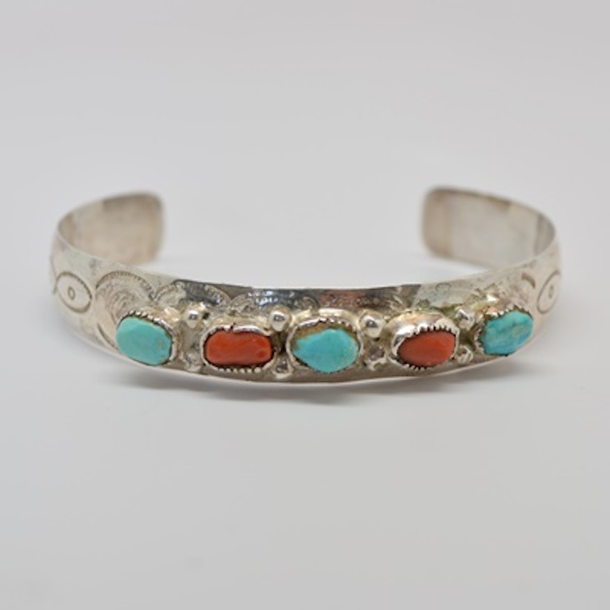 Sterling Silver Turquoise and Coral Navajo Style Cuff by J. Cadman