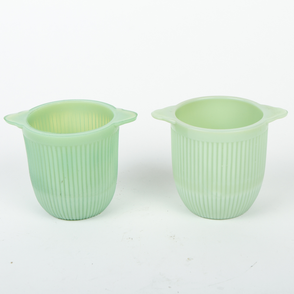 Pair of Vintage Green Milk Glass Ribbed Sugar Bowls
