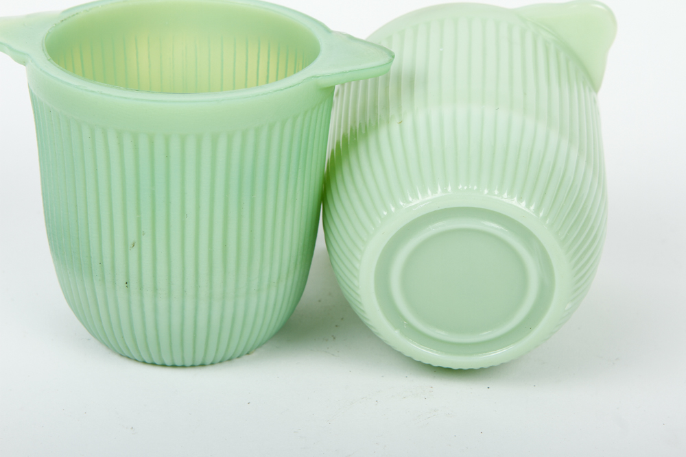 Pair of Vintage Green Milk Glass Ribbed Sugar Bowls