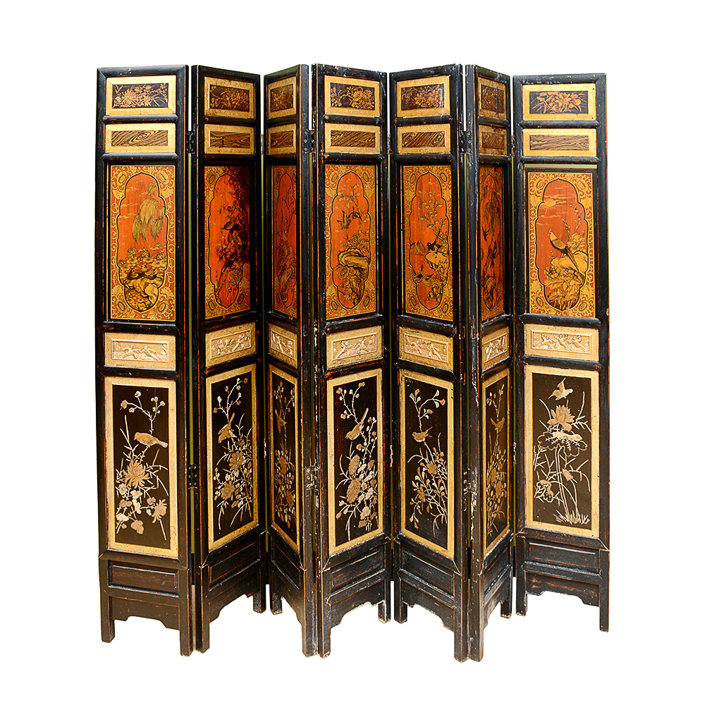 Hand-Painted Japanese Seven-Panel Wooden Screen