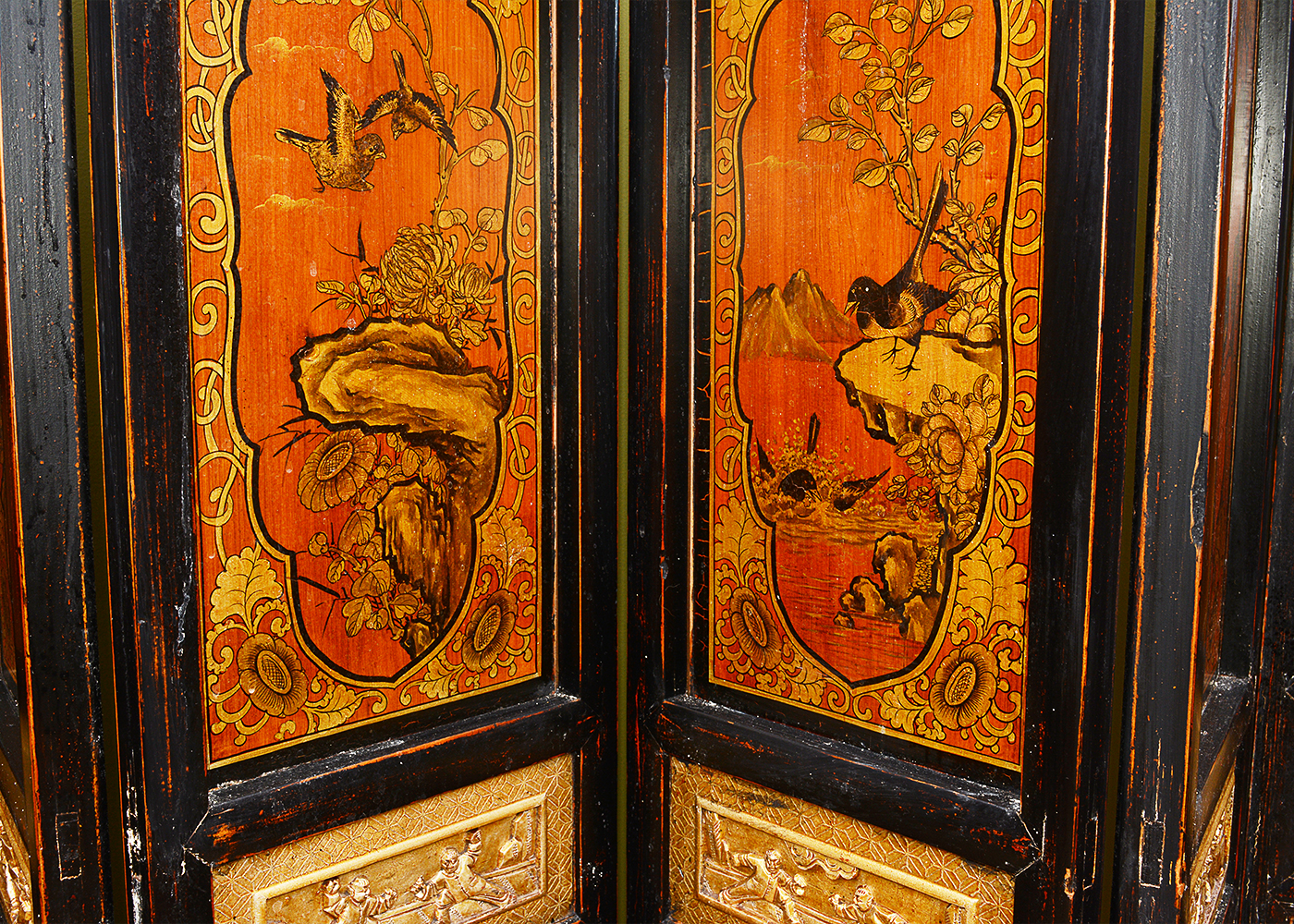 Hand-Painted Japanese Seven-Panel Wooden Screen