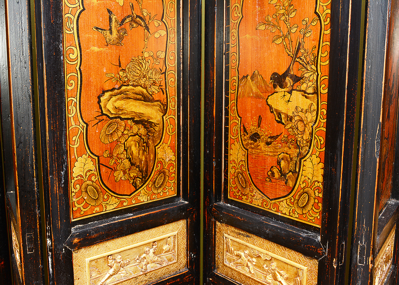 Hand-Painted Japanese Seven-Panel Wooden Screen