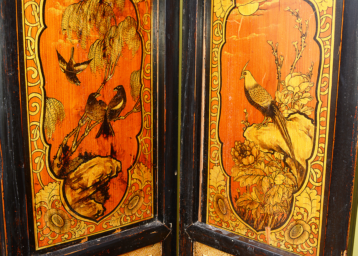 Hand-Painted Japanese Seven-Panel Wooden Screen