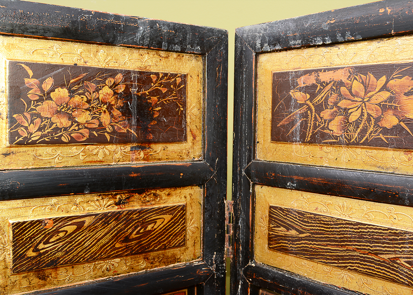 Hand-Painted Japanese Seven-Panel Wooden Screen