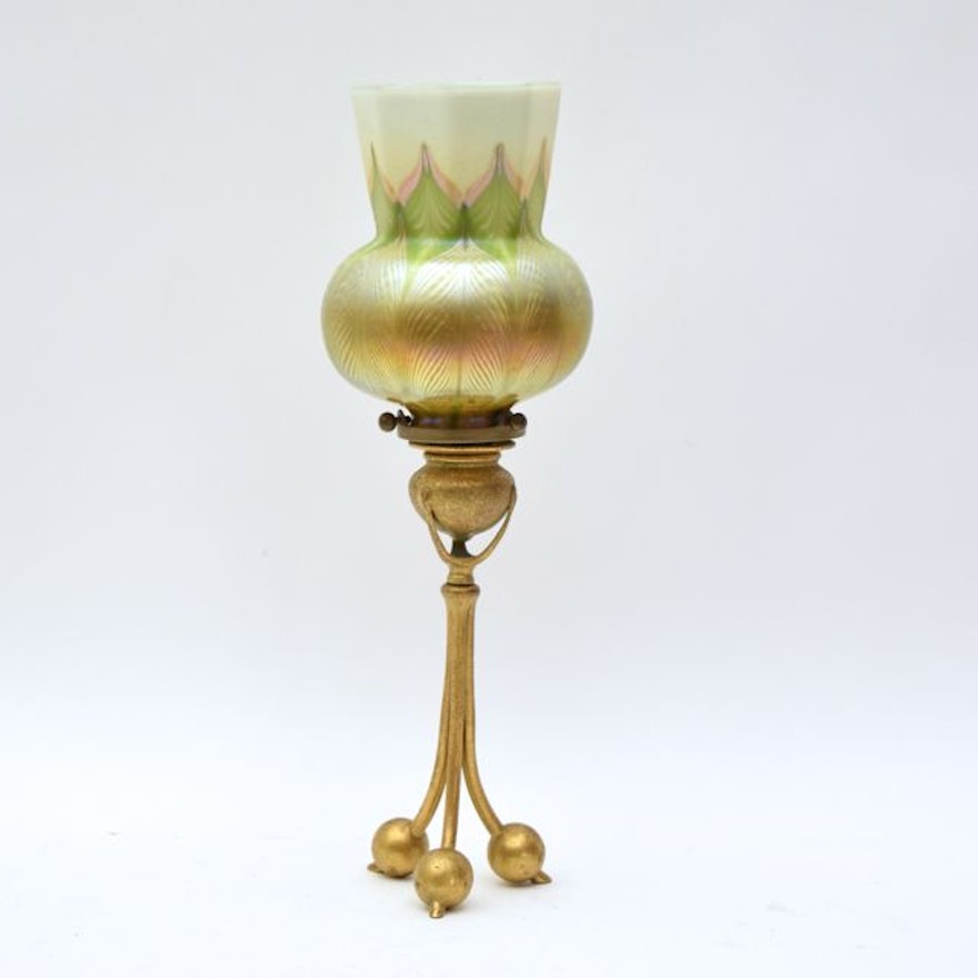 Gold Tone Cast Bronze Tiffany Studios Candle Holder with Signed Tiffany Favrile Glass Shade