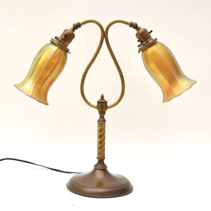 Art Nouveau Two Light Table Lamp with Signed Steuben Trumpet Glass Shades