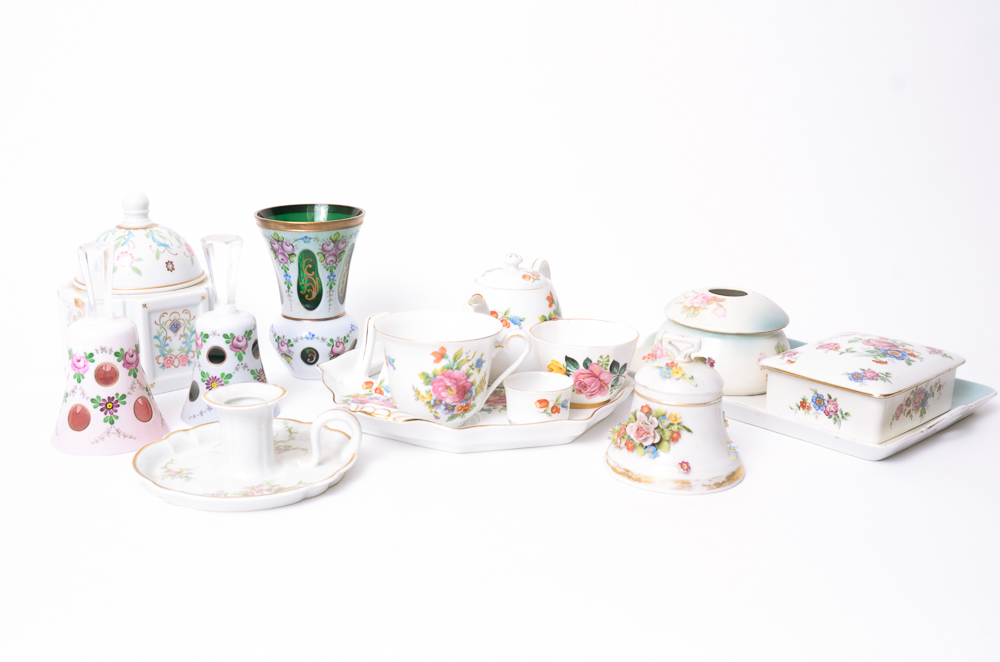 Assortment Of Porcelain Trinket Boxes, Bells And More