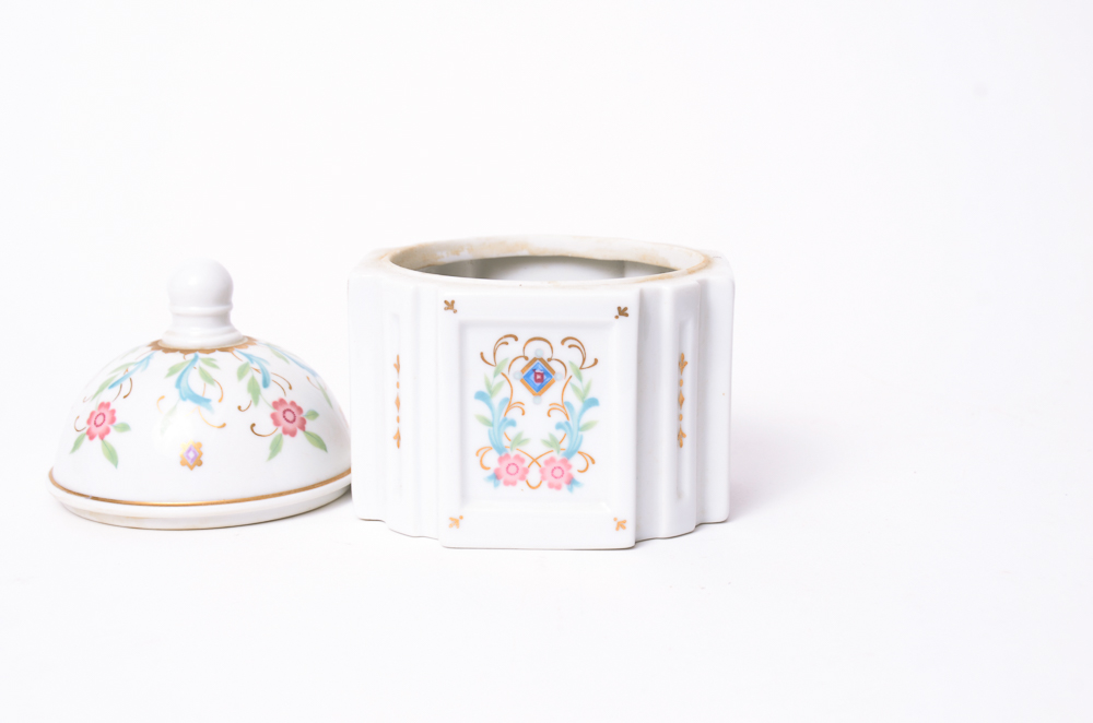 Assortment Of Porcelain Trinket Boxes, Bells And More