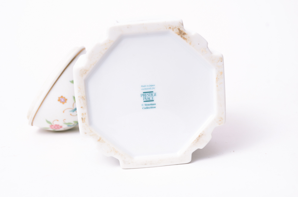 Assortment Of Porcelain Trinket Boxes, Bells And More