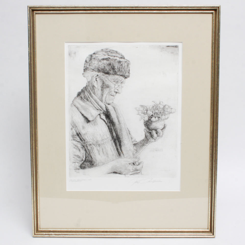 Paul Geissler Original Signed 1951 Etching of Man With Flowers
