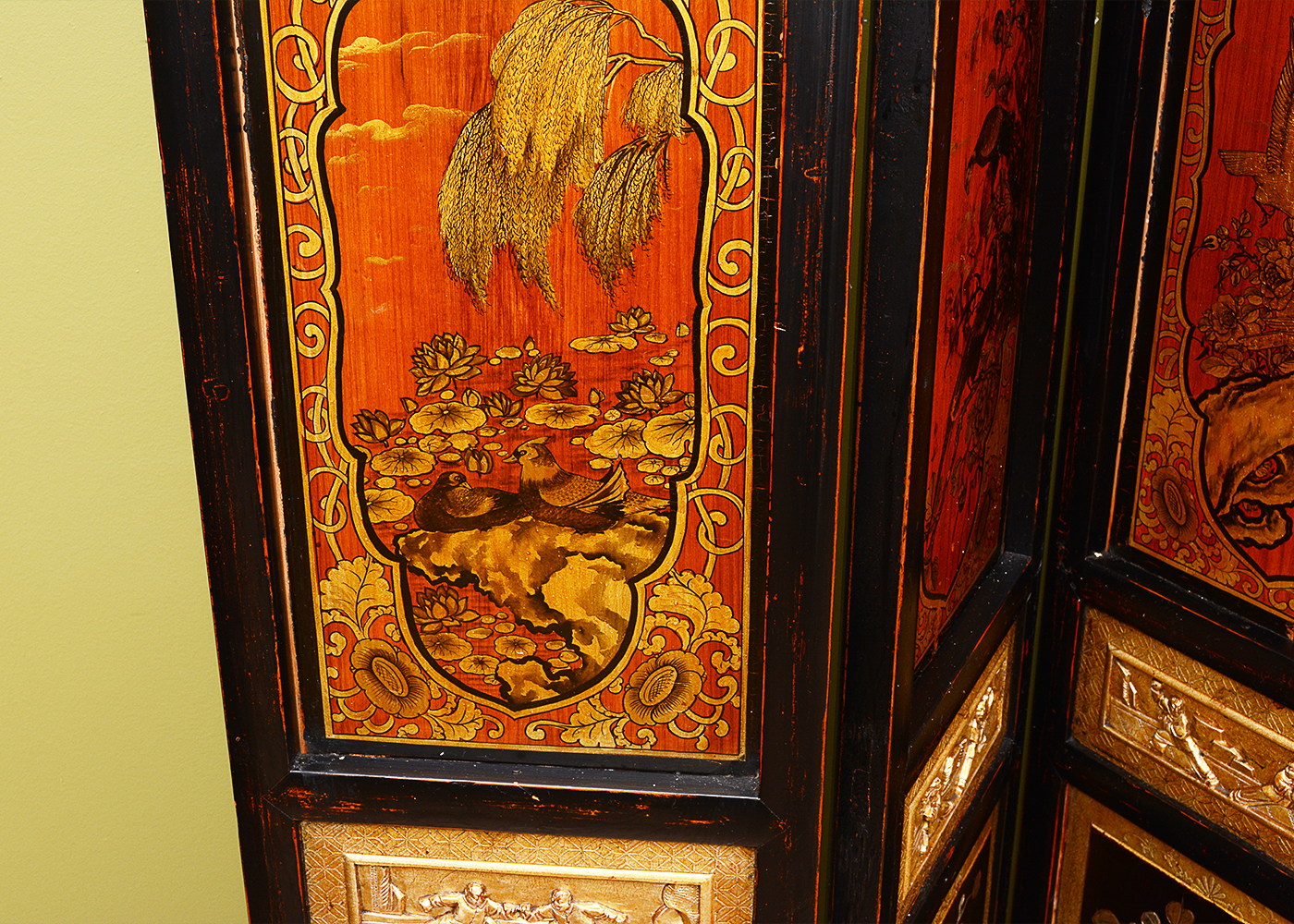 Hand-Painted Japanese Seven-Panel Wooden Screen