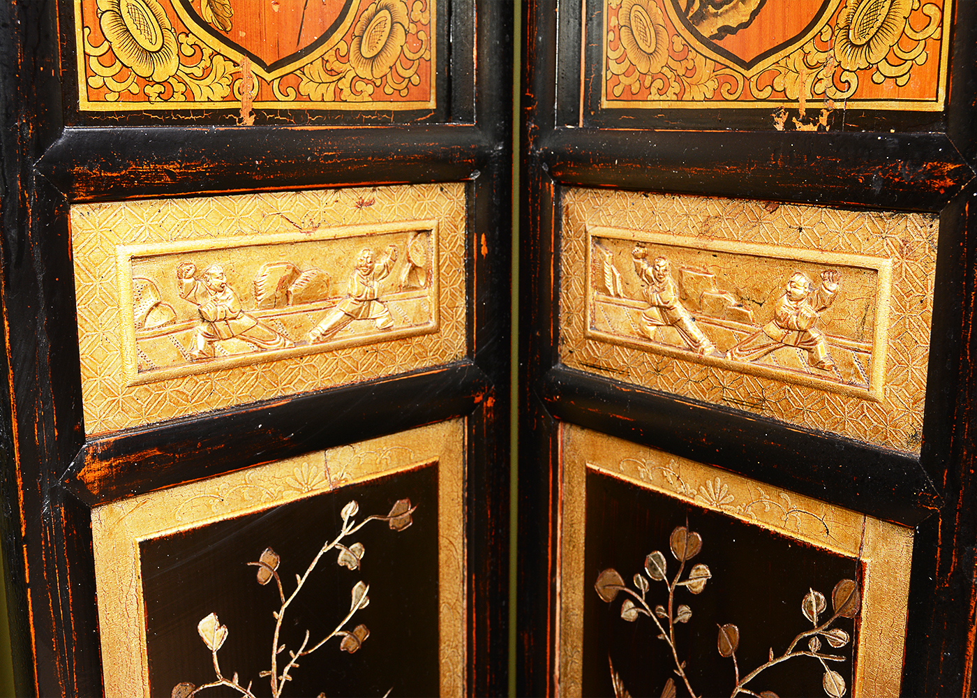 Hand-Painted Japanese Seven-Panel Wooden Screen