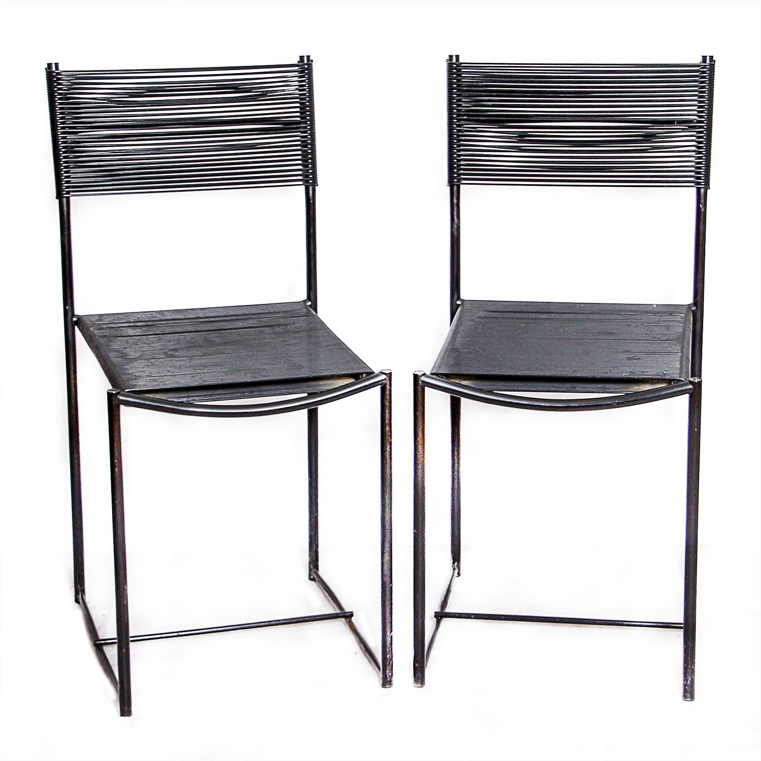 Two Black Metal Frame Chairs with Rubber Cord Seats