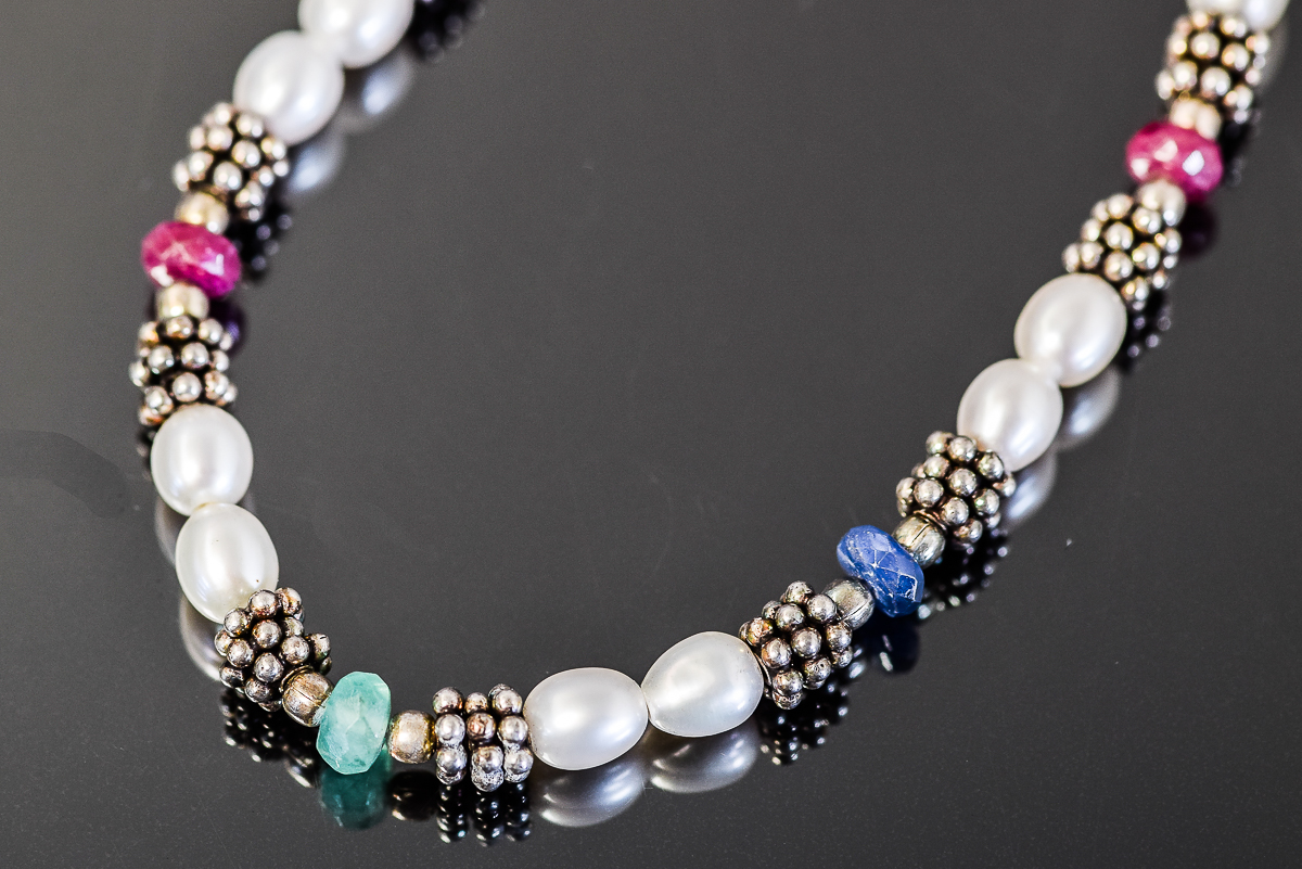 Sterling Silver, Synthetic Sapphire, Emerald, and Ruby Beaded Bracelet