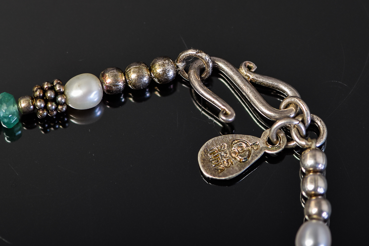 Sterling Silver, Synthetic Sapphire, Emerald, and Ruby Beaded Bracelet