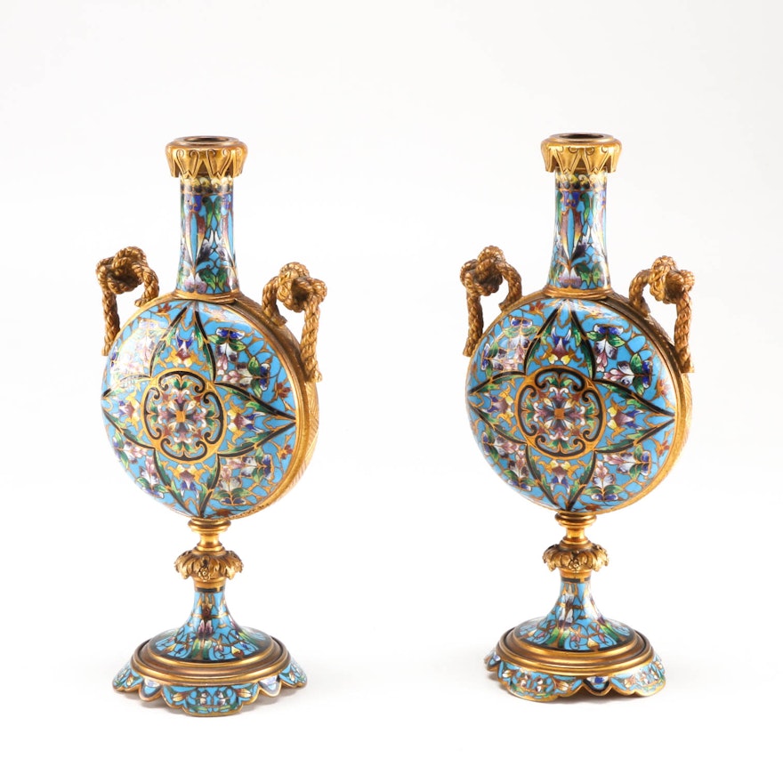 Pair of Champlevé Enamel Vases