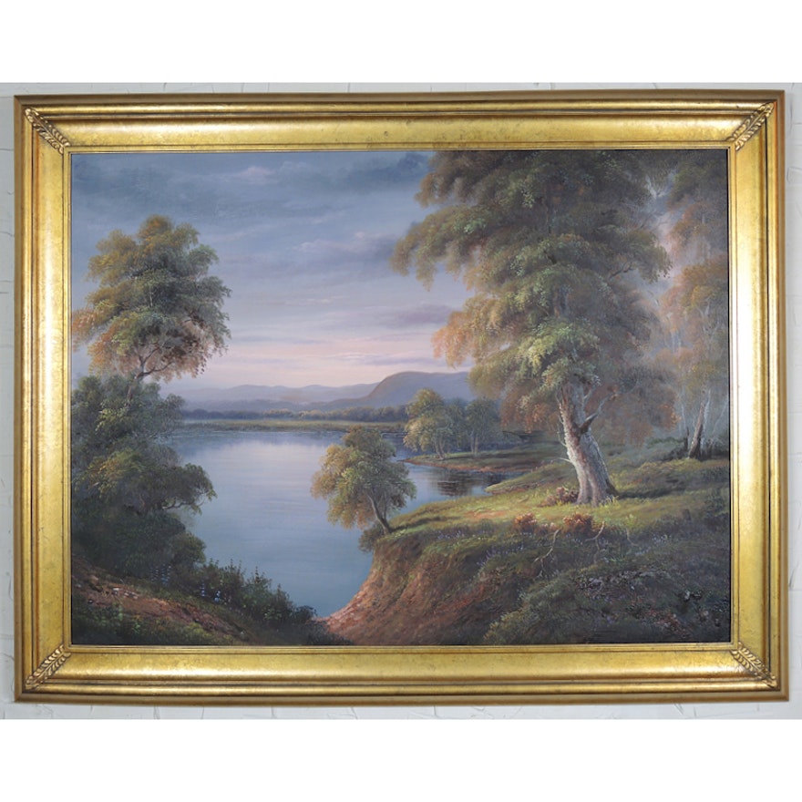 Original Large Scale Lake Landscape Painting in Gold Frame