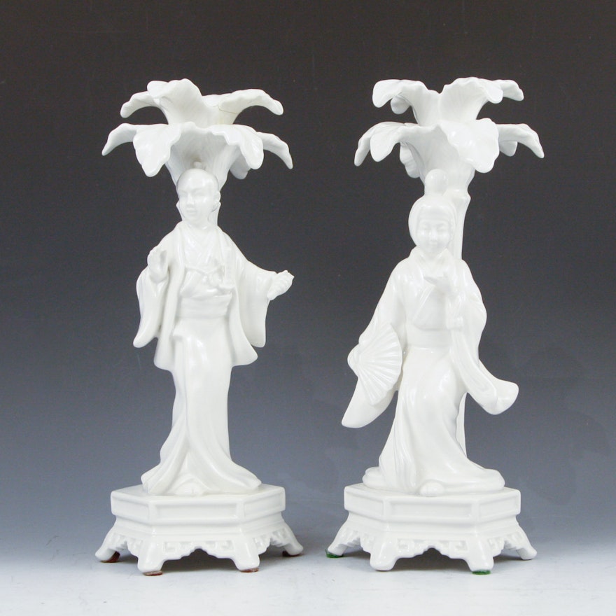 Fitz and Floyd White Porcelain Figural Candlesticks