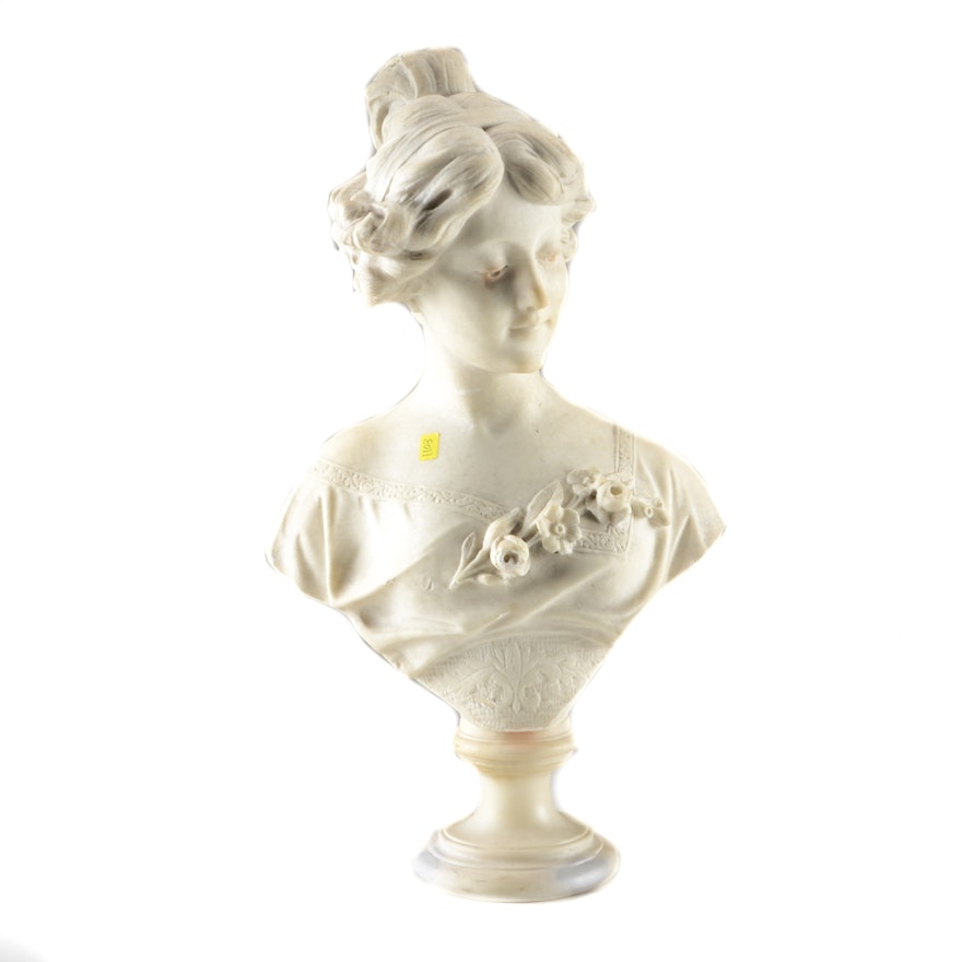 Signed Marble Bust Statue of Young Woman with Flowers