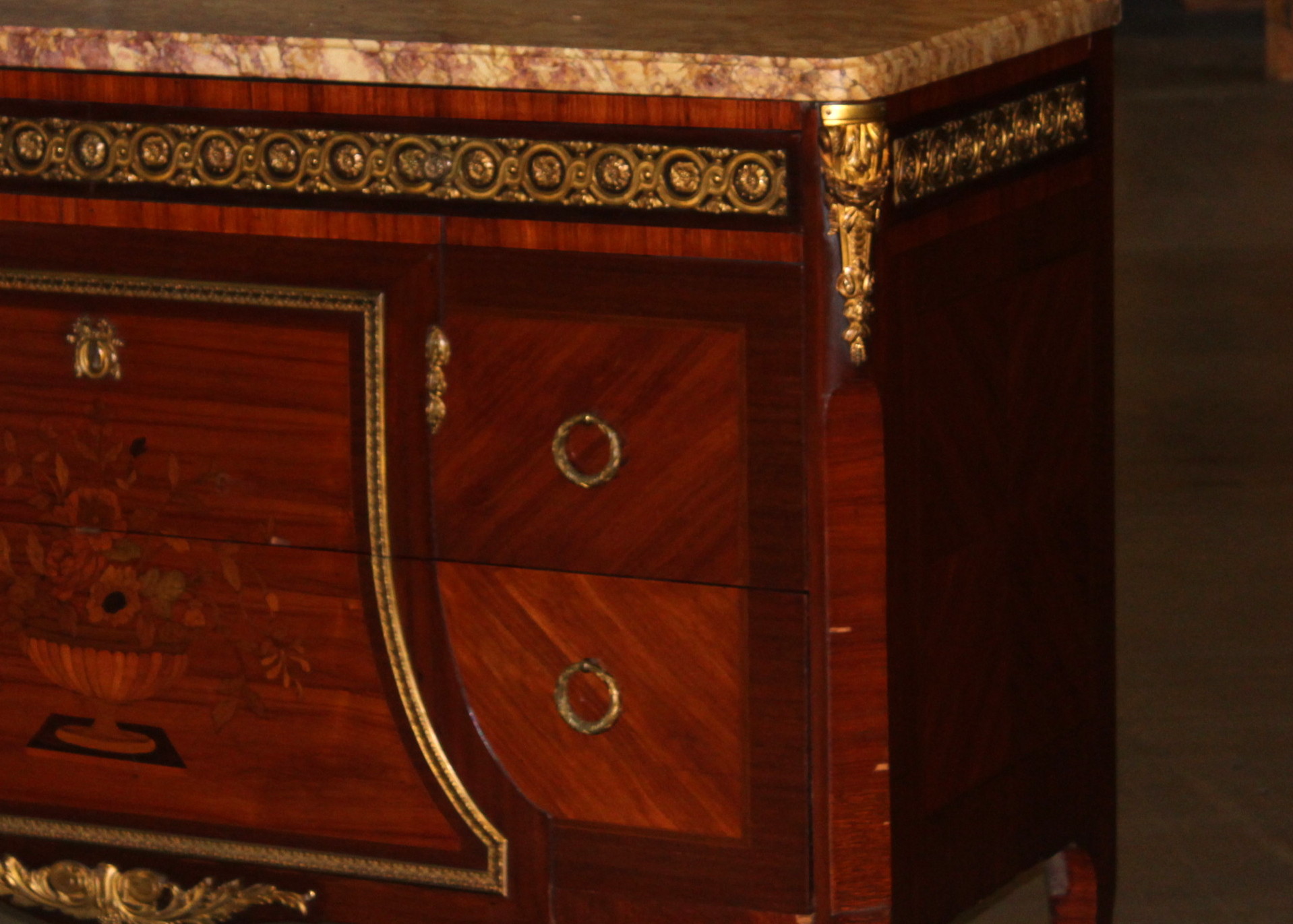 Antique Louis XV Style Kingwood and Marble Top Chest of Drawers