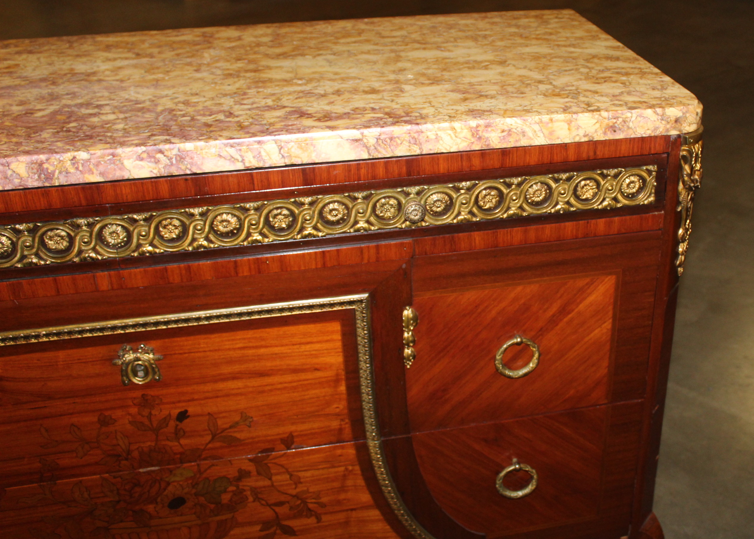 Antique Louis XV Style Kingwood and Marble Top Chest of Drawers