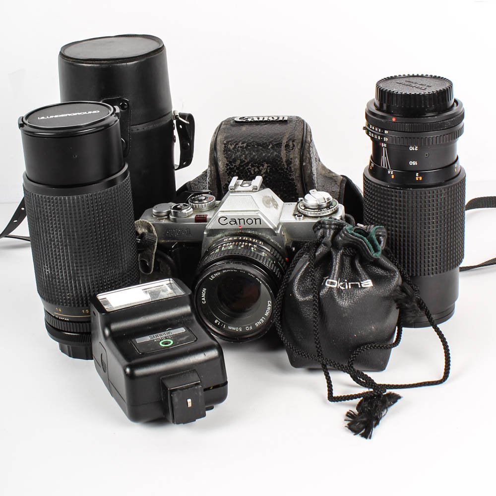 Vintage Canon AV-1 Camera and Lens Collection