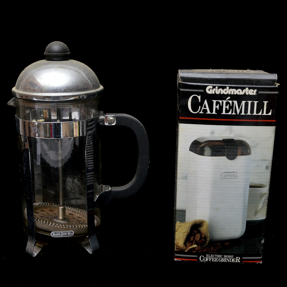 BonJour French Press and Cafemill Coffee Bean Grinder