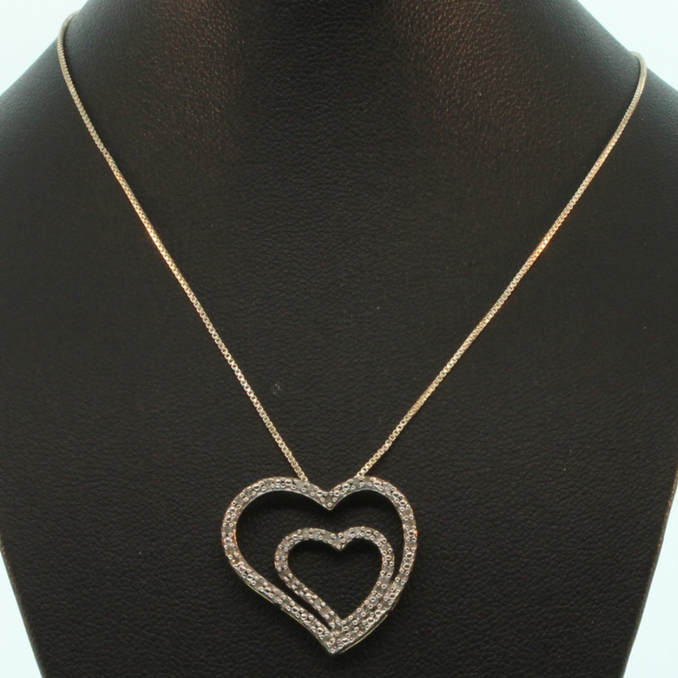 Sterling Silver Necklace with Double Heart Shaped Pendant with Diamonds