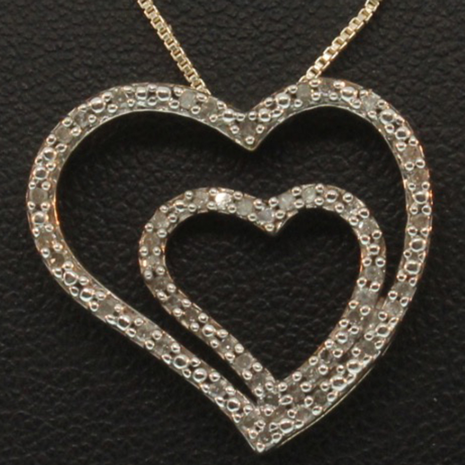 Sterling Silver Necklace with Double Heart Shaped Pendant with Diamonds