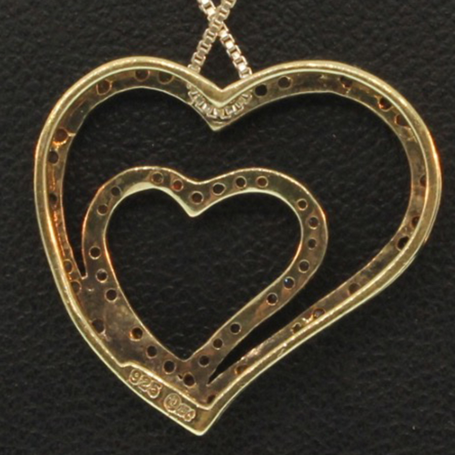 Sterling Silver Necklace with Double Heart Shaped Pendant with Diamonds