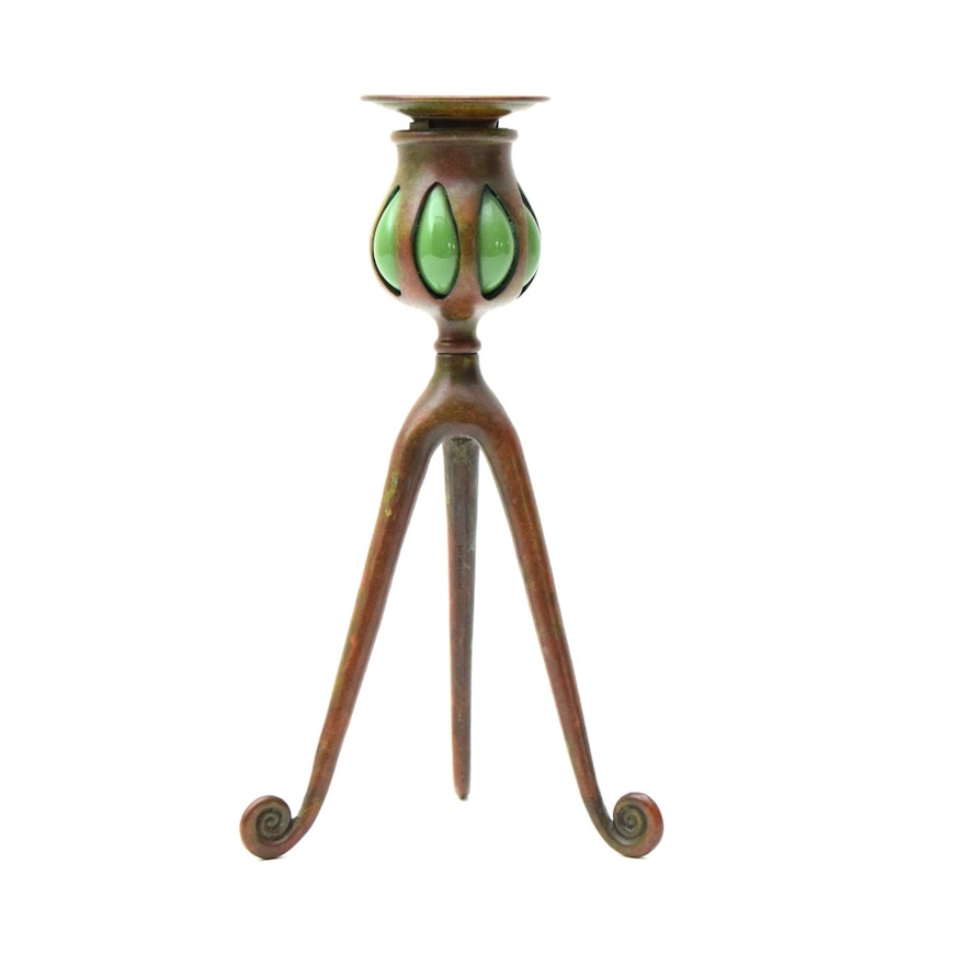 Signed Tiffany Studios Bronze and Art Glass Candle Holder, Circa 1910