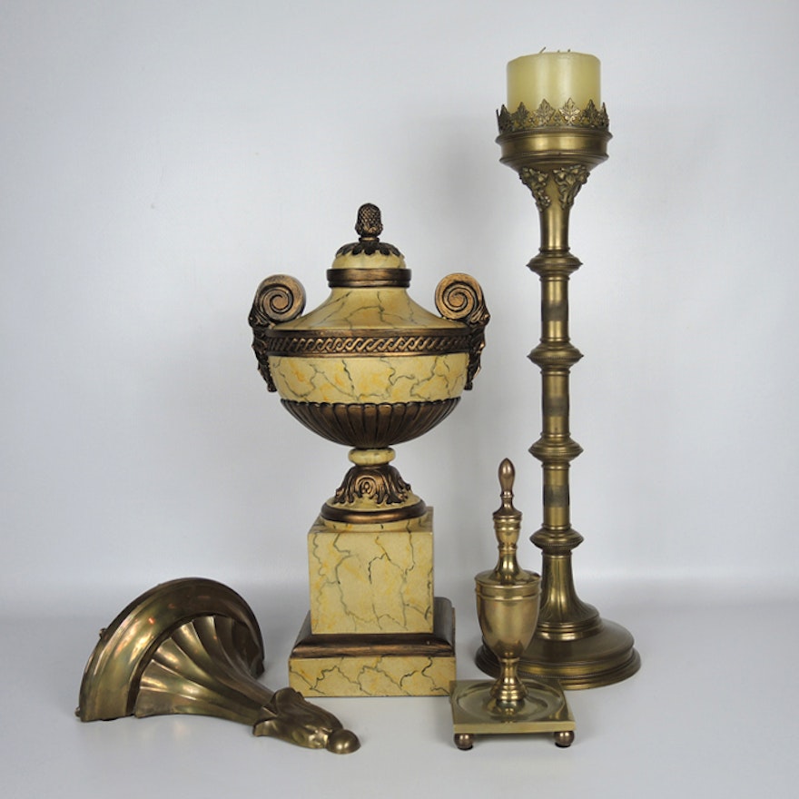 Brass Decor with Tall Candleholder, Urn on Pedestal and Shelf