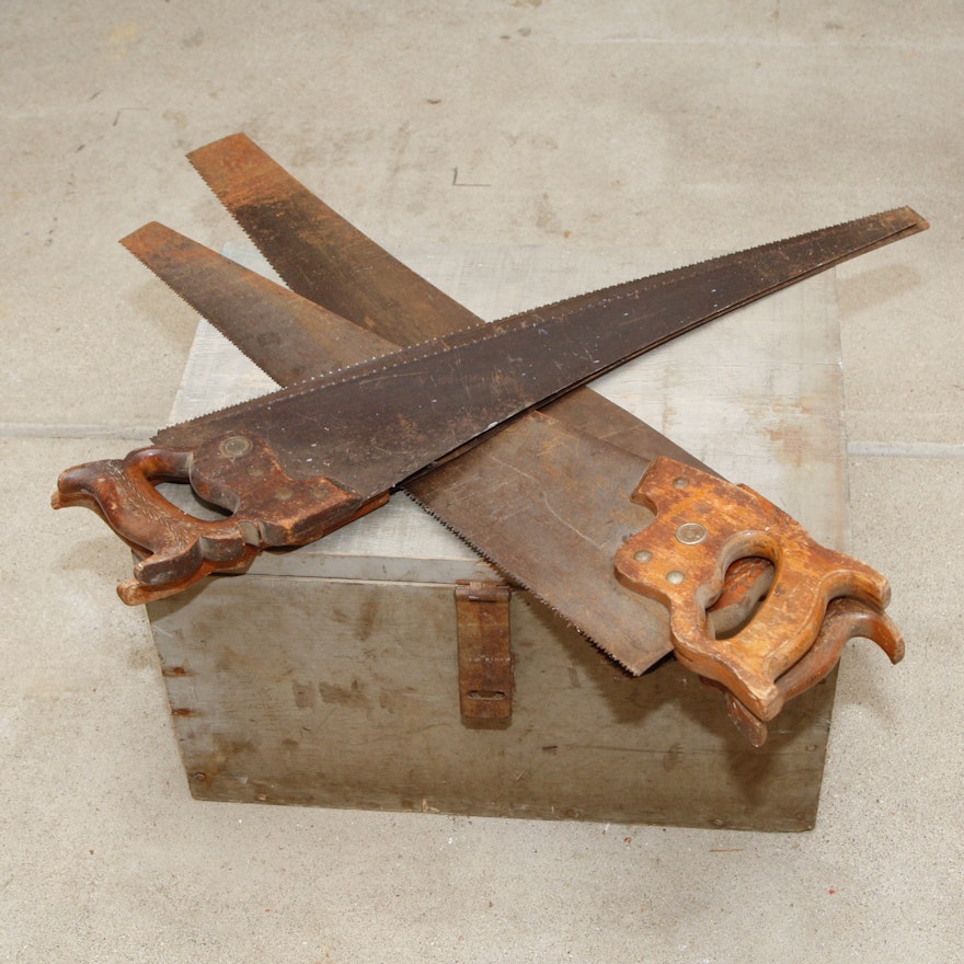 Vintage Wooden Toolbox with Four Hand Saws