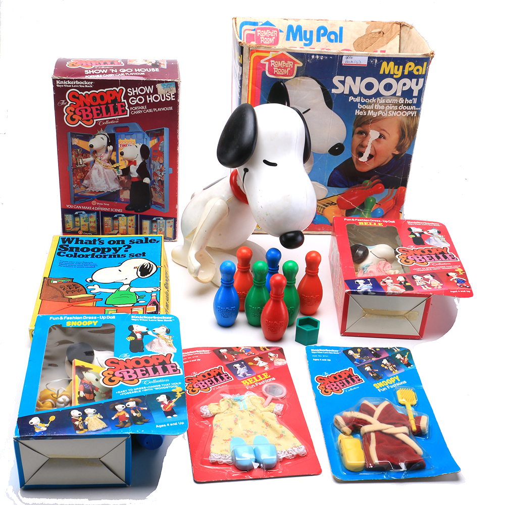 1980s Knickerbocker "Snoopy & Belle" Fashion Dolls with Other Vintage Snoopy Toys