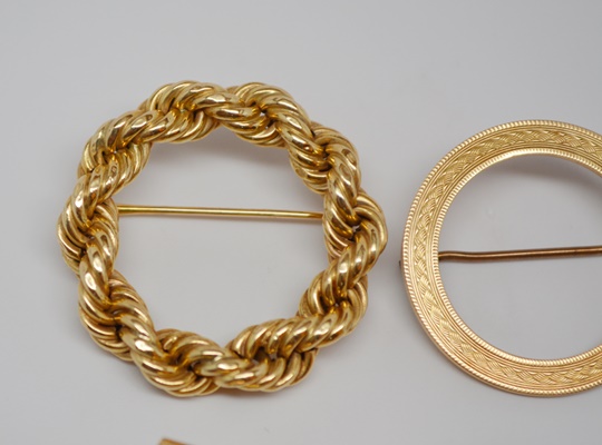 14K Yellow Gold Massalone Insect Brooch and Two Wreath Style Brooches