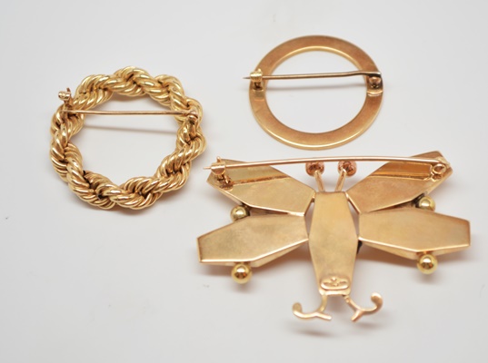 14K Yellow Gold Massalone Insect Brooch and Two Wreath Style Brooches