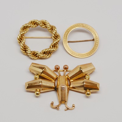 14K Yellow Gold Massalone Insect Brooch and Two Wreath Style Brooches