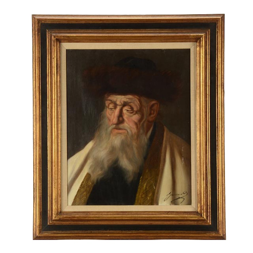 Guszich Signed Original Judaica Oil on Canvas Portrait of Rabbi